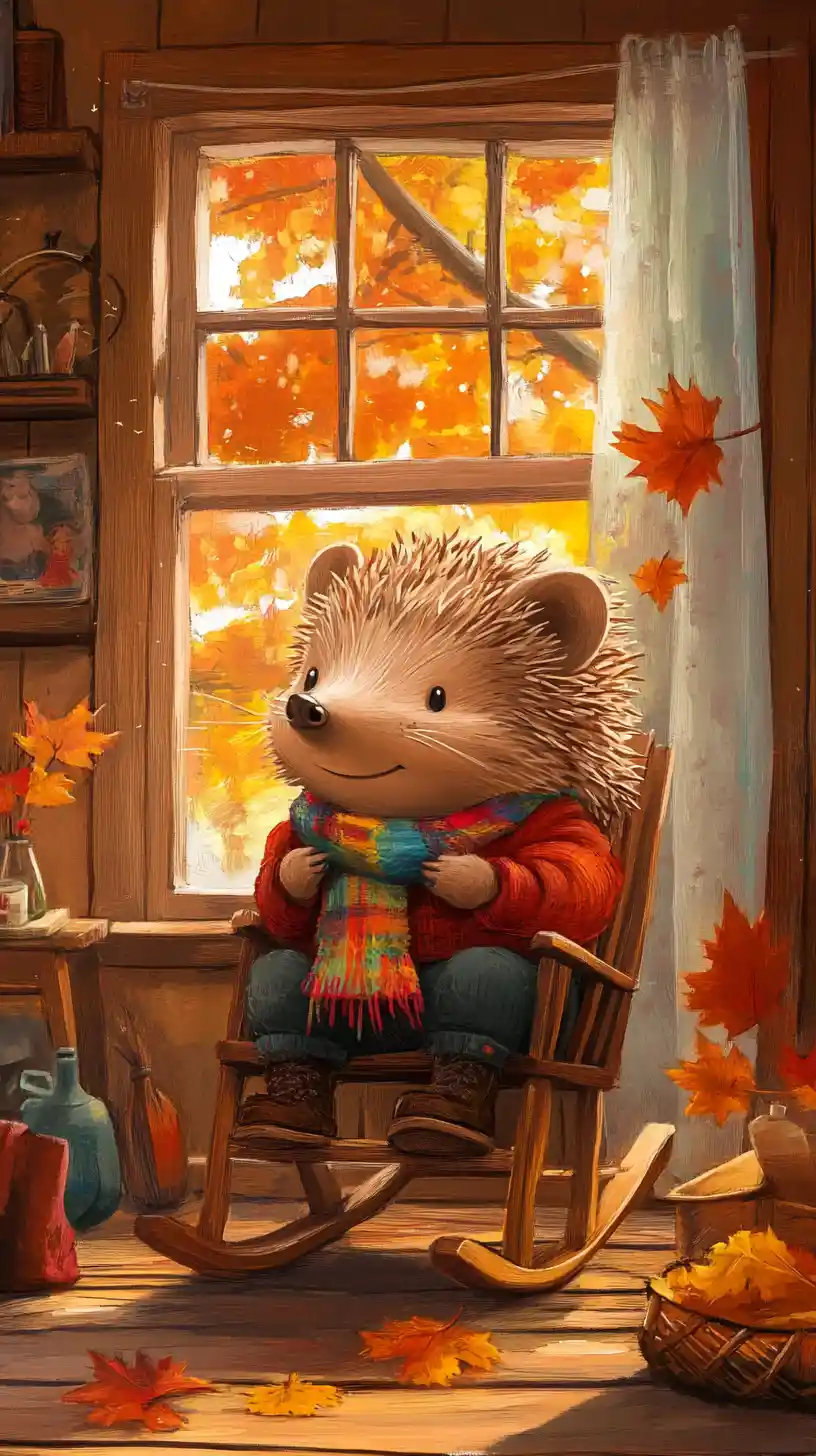 Hedgehog grandmother knitting in a cozy storybook living room