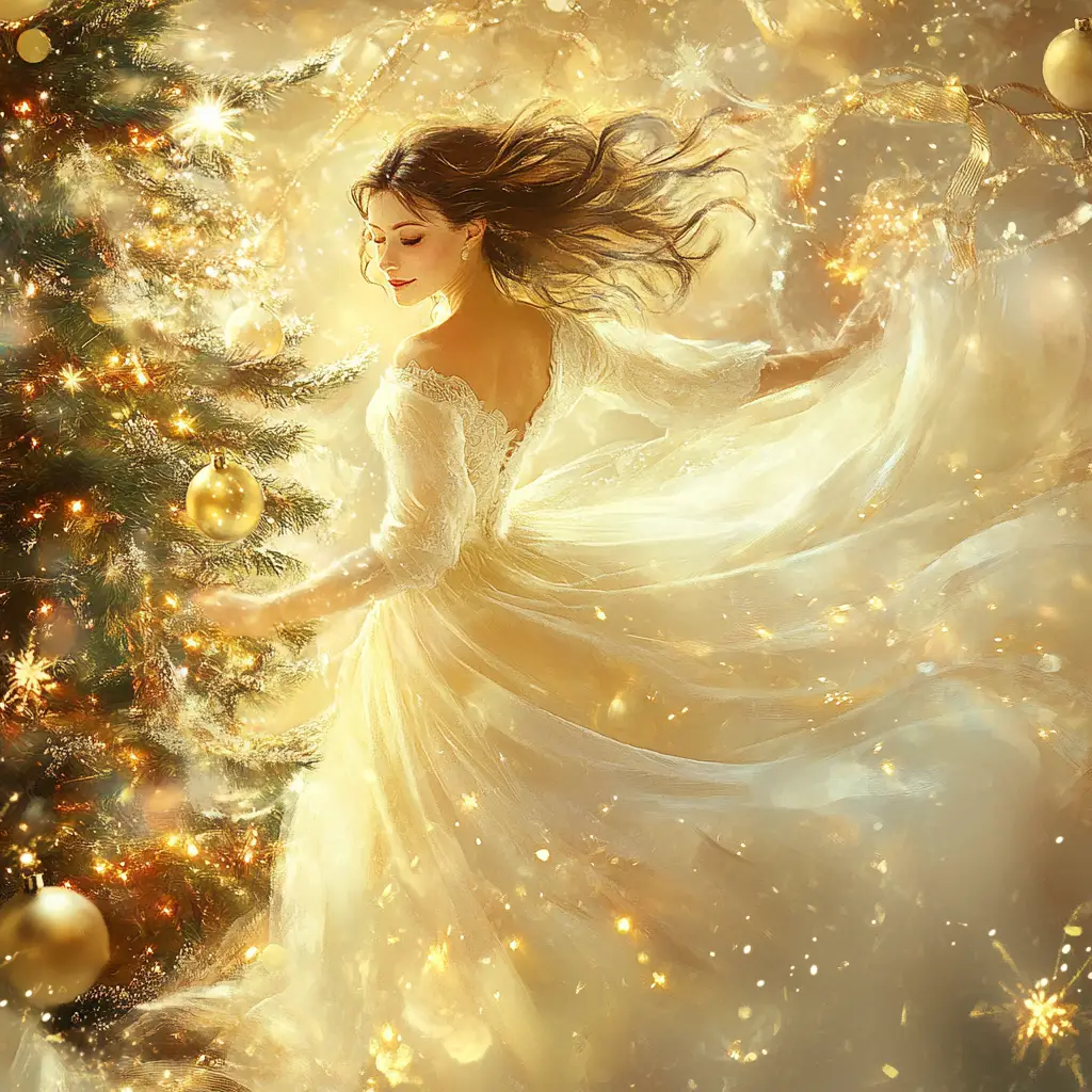 Elegant woman twirling in white gown by Christmas tree