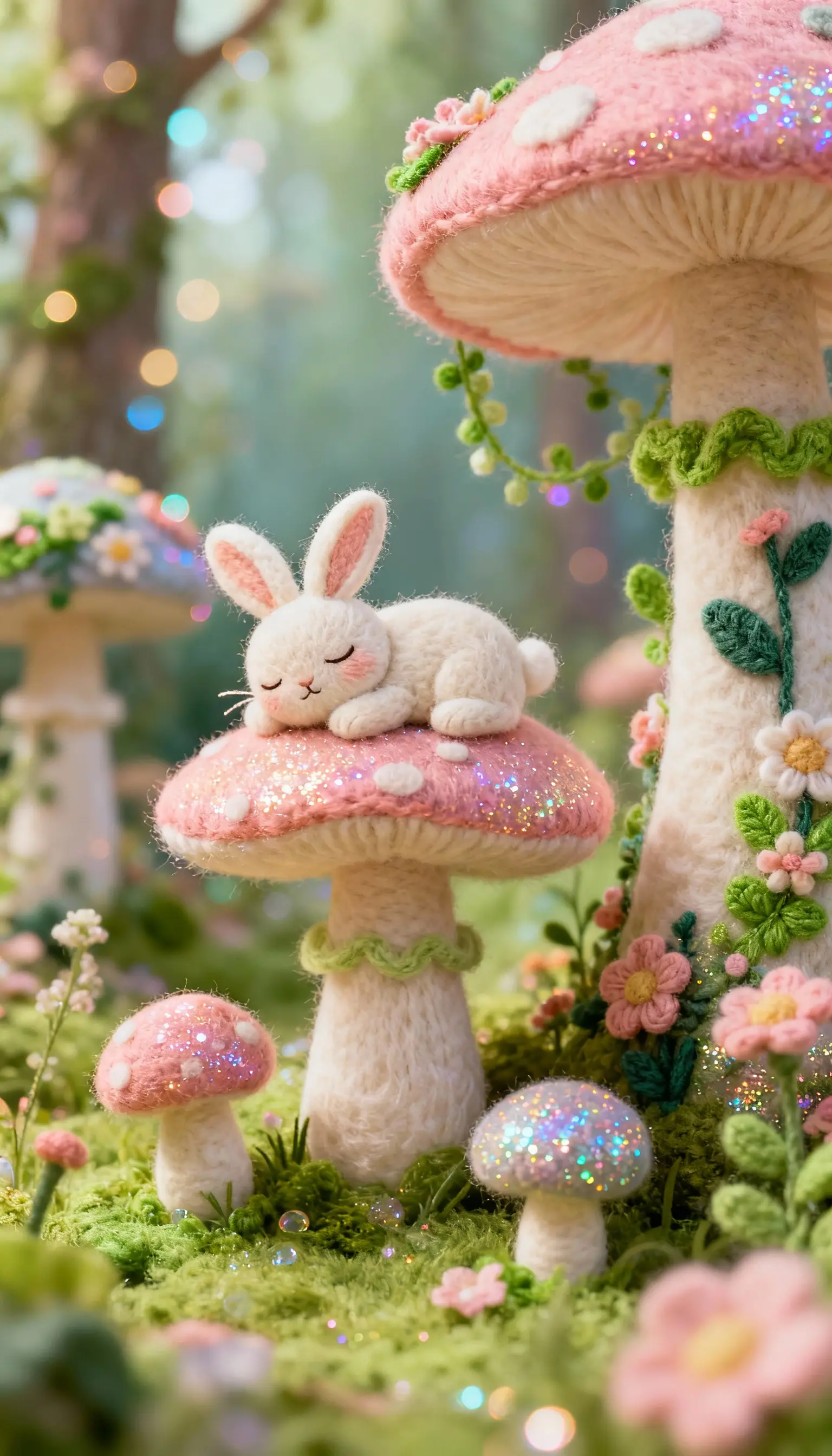 Handmade textile rabbit in a dreamy mushroom forest