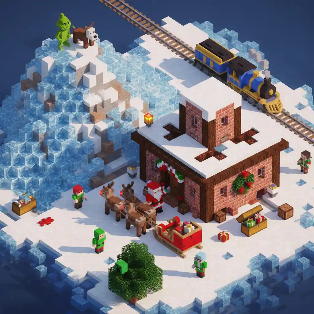 Atelier voxel du Père Noël dans un paysage hivernal épique au pôle Nord