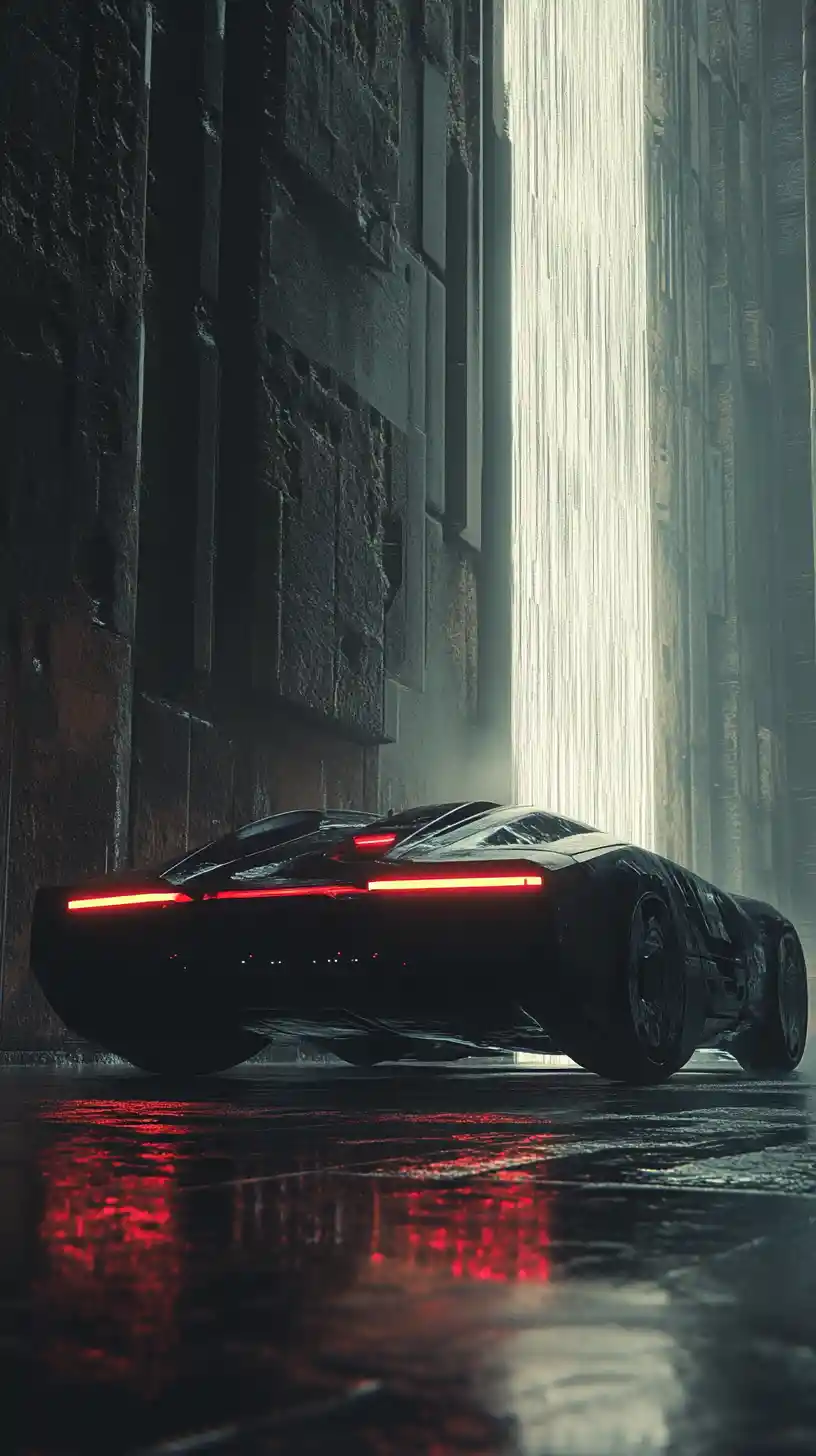 Futuristic hover speeder in brutalist sci fi cityscape