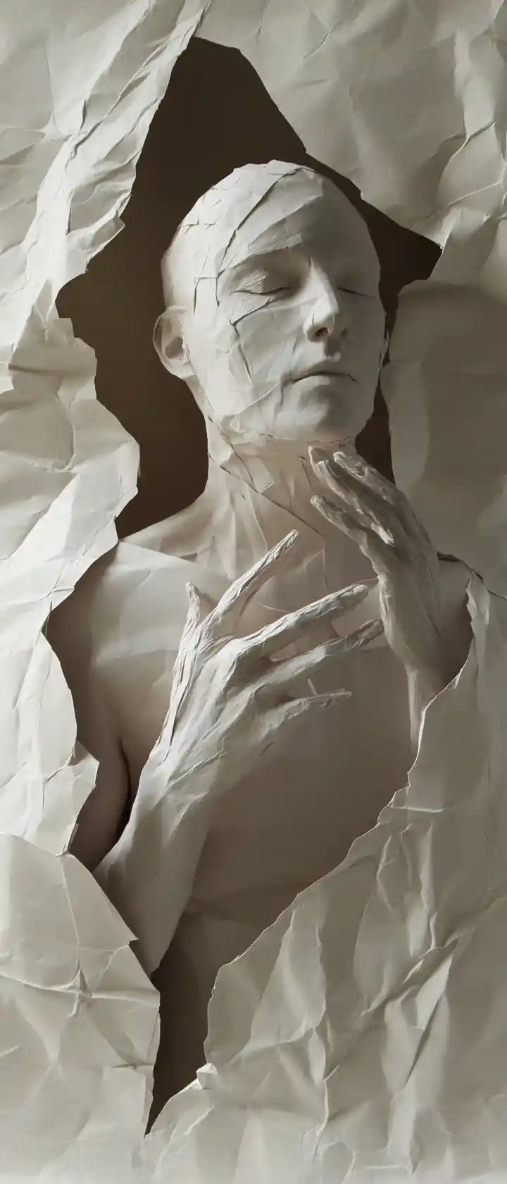 Delicate paper person gently folded then torn apart