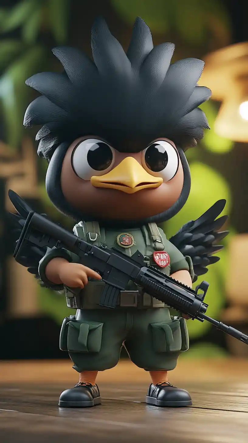 Cute 3D chibi chicken soldier with green uniform