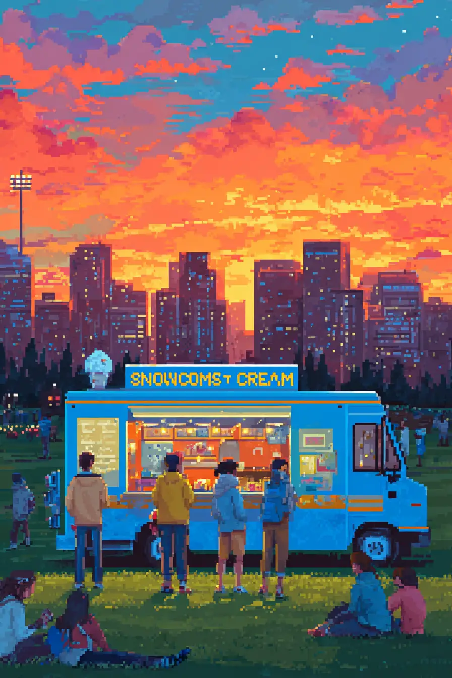 Colorful sunset food truck in a lively city park