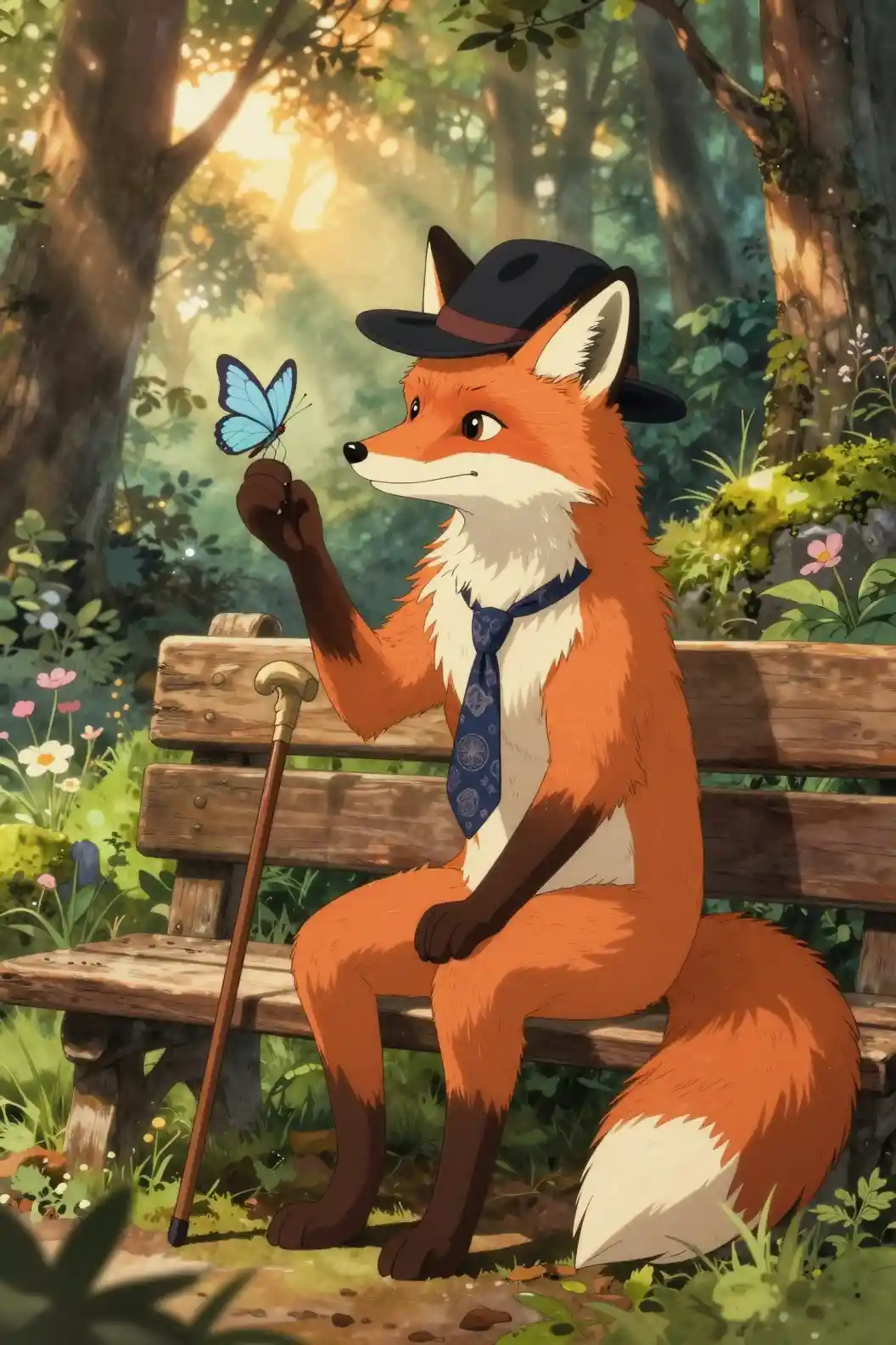Elegant fox with butterfly in a tranquil forest scene