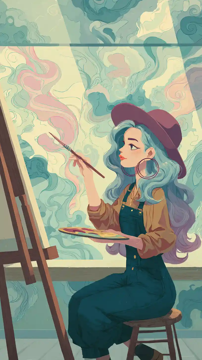 Hippie artist painting in a dreamy psychedelic art studio
