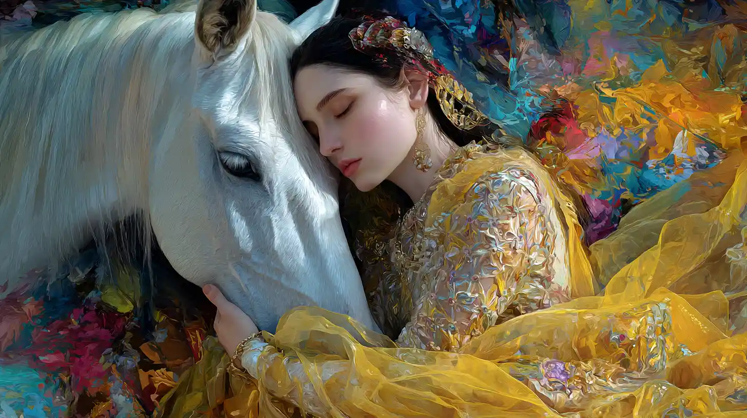 Woman in gold gown embracing white horse in dreamscape