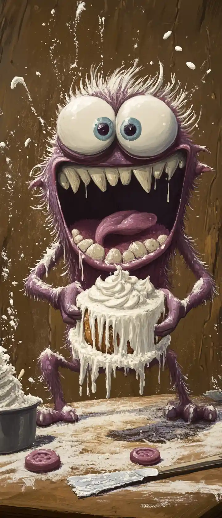 Cartoon monster in a chaotic flour filled baking disaster