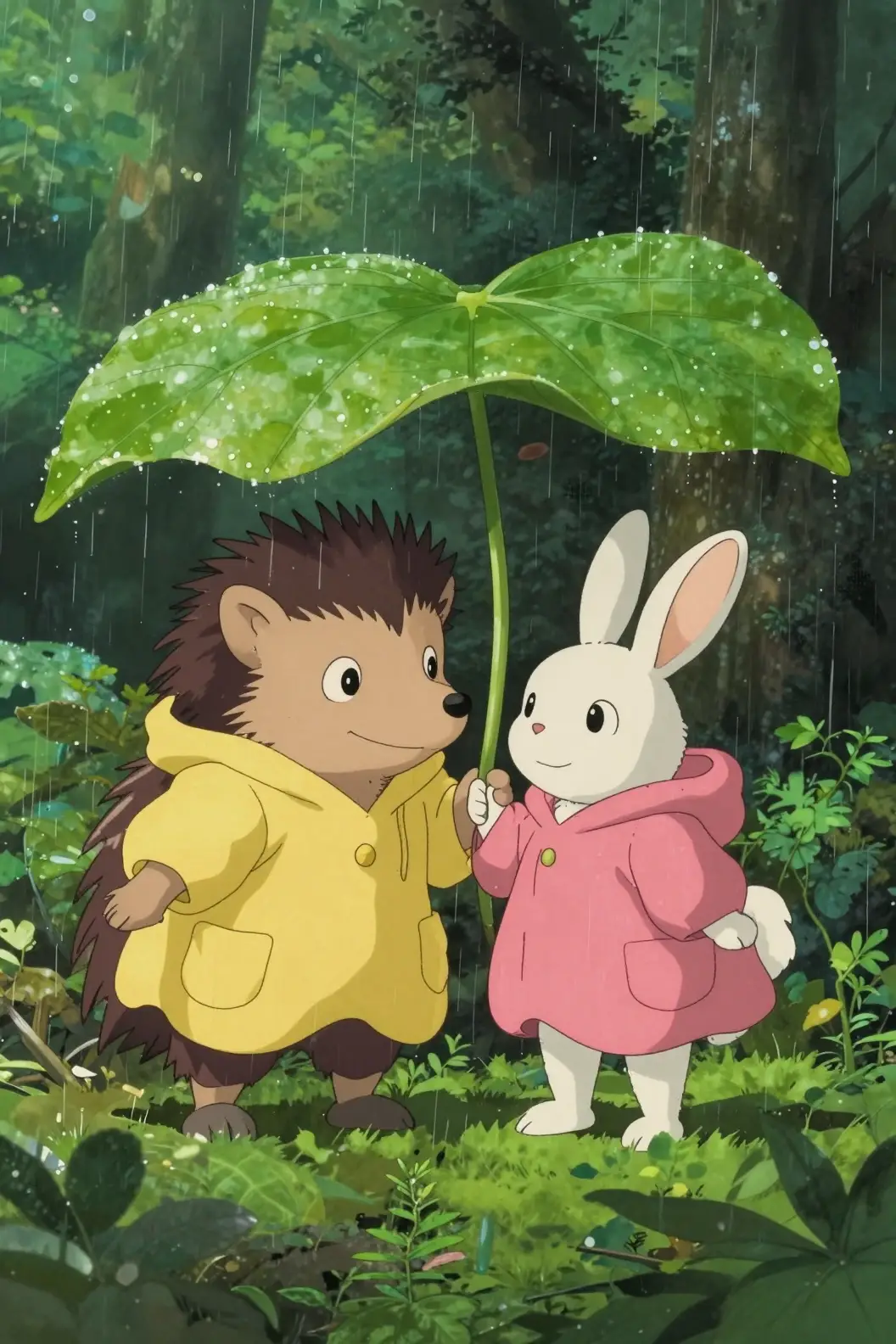 緑の葉の下で一緒に雨宿りするハリネズミとウサギ