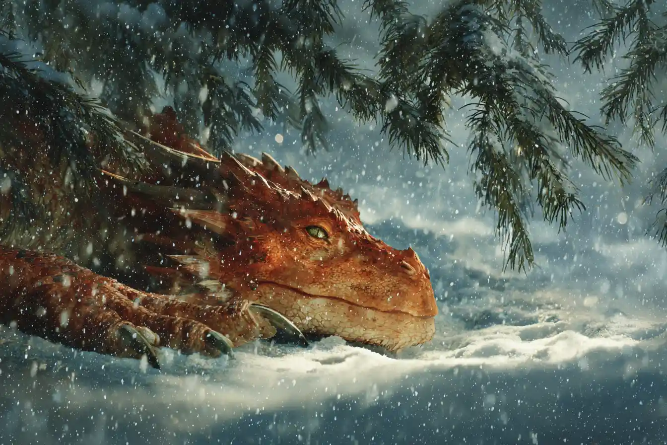 Dragon Resting In A Snowy Pine Forest Watercolor Scene