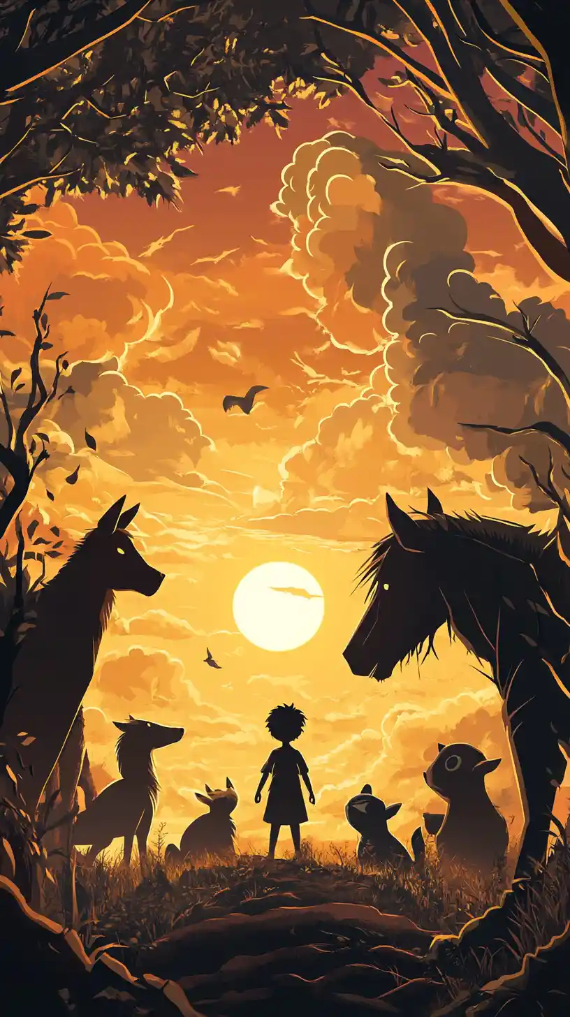 Child with animal friends in a whimsical fantasy landscape