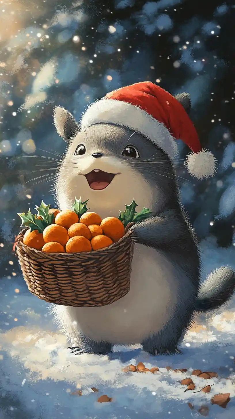 Cute fantasy creature in a snowy winter market scene