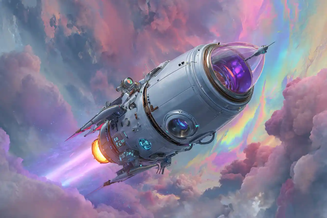 Silver rocket spaceship streaking through colorful cosmic clouds