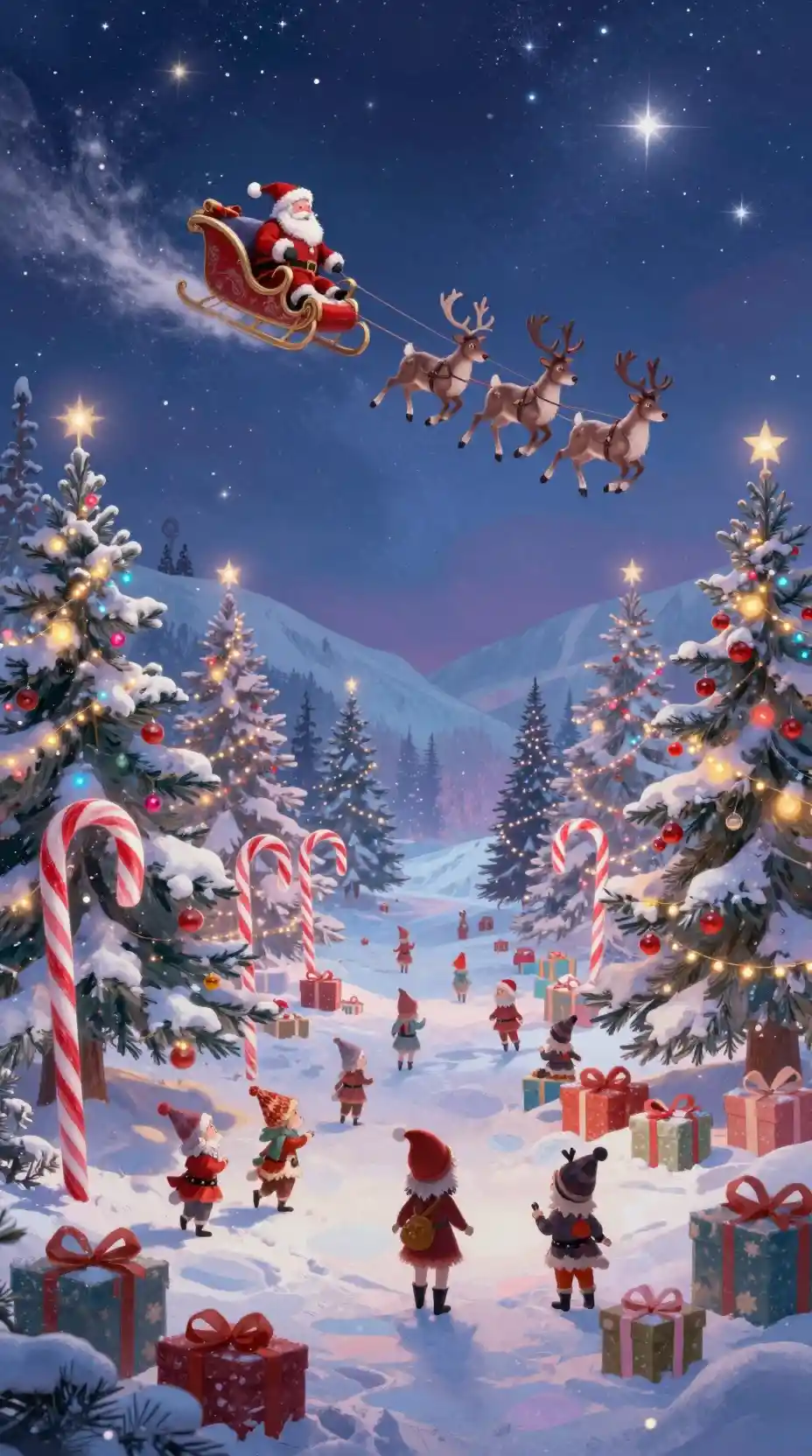 Dreamy North Pole scene with candy canes and elves
