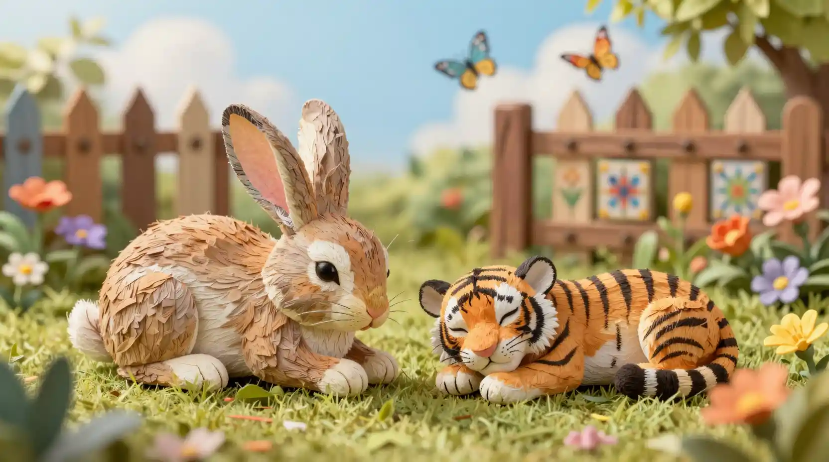 Paper mache rabbit and baby tiger sleeping in flowers