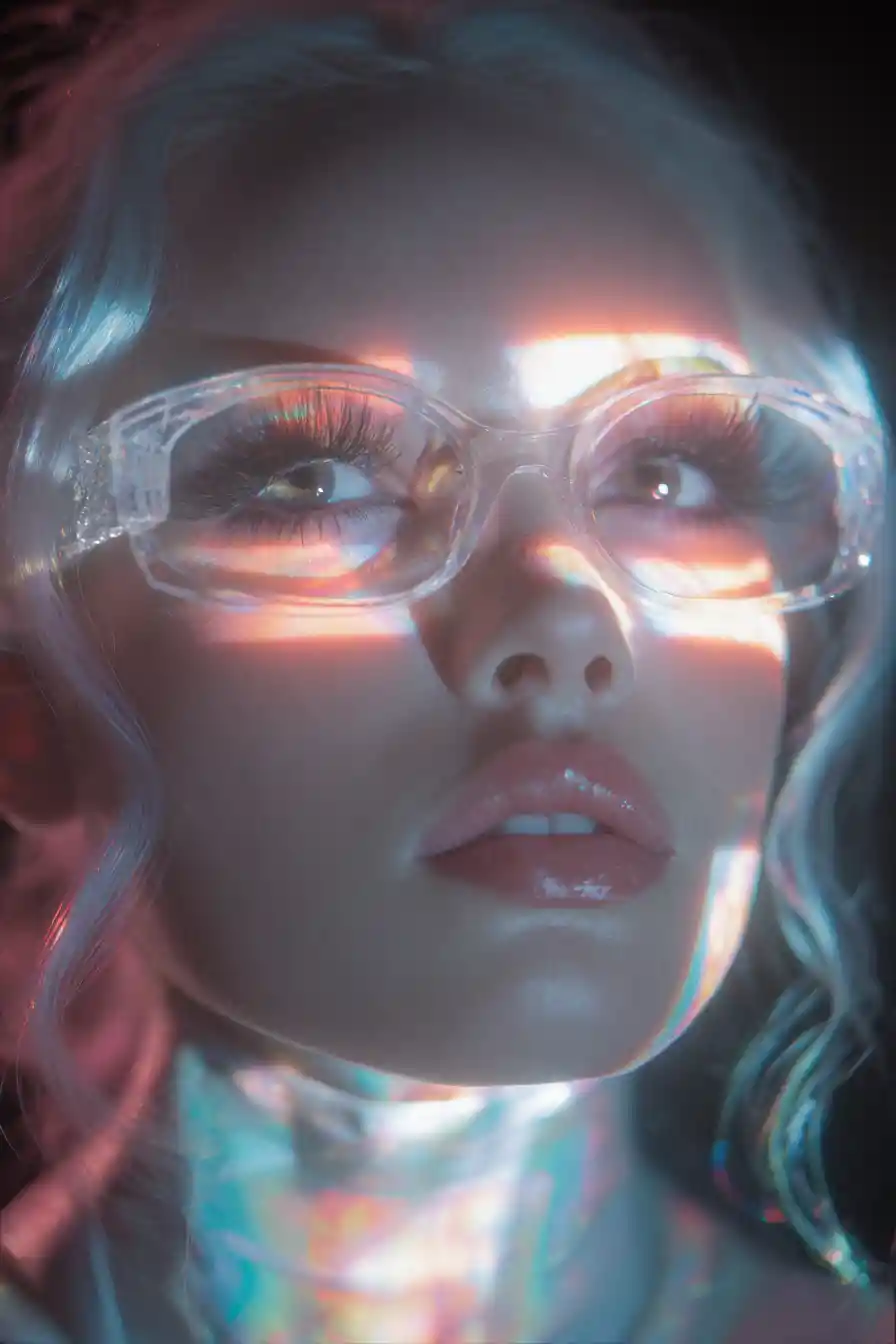 Ritratto surreale di robot femminile con occhi a codice a barre luminosi