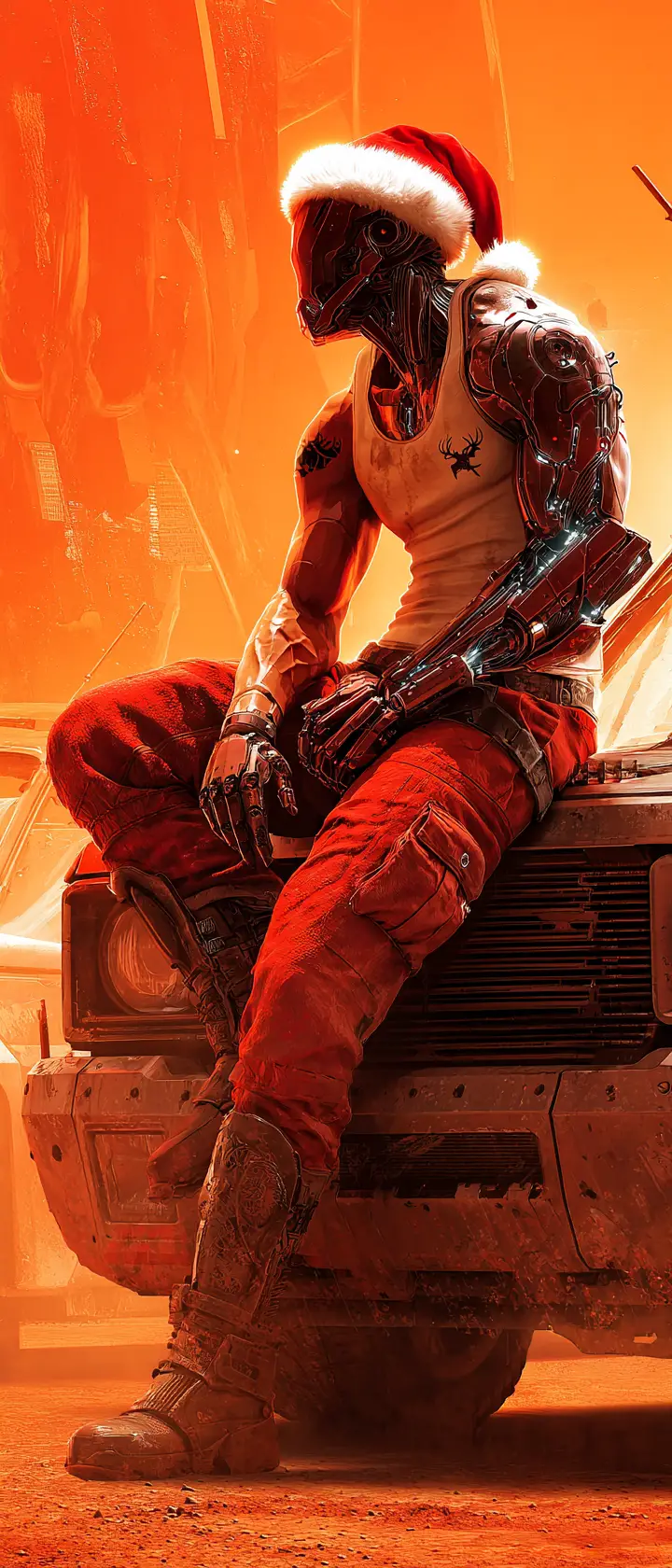 Muscular cybernetic santa man on an old desert truck