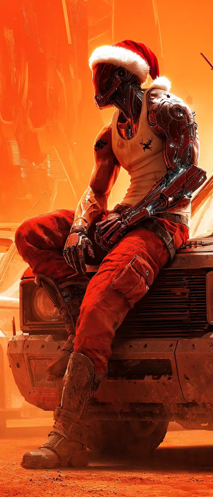 Muscular cybernetic santa man on an old desert truck