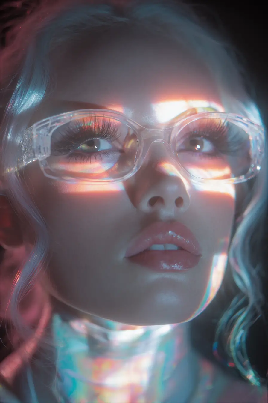 Surreal femme robot portrait with glowing barcode eyes