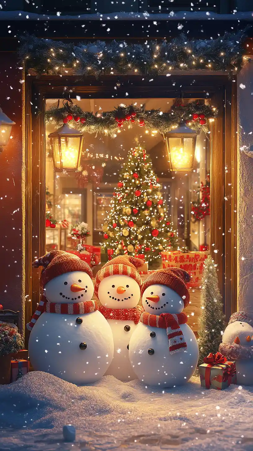 Snowman Family On Cozy Christmas Street With Storefront