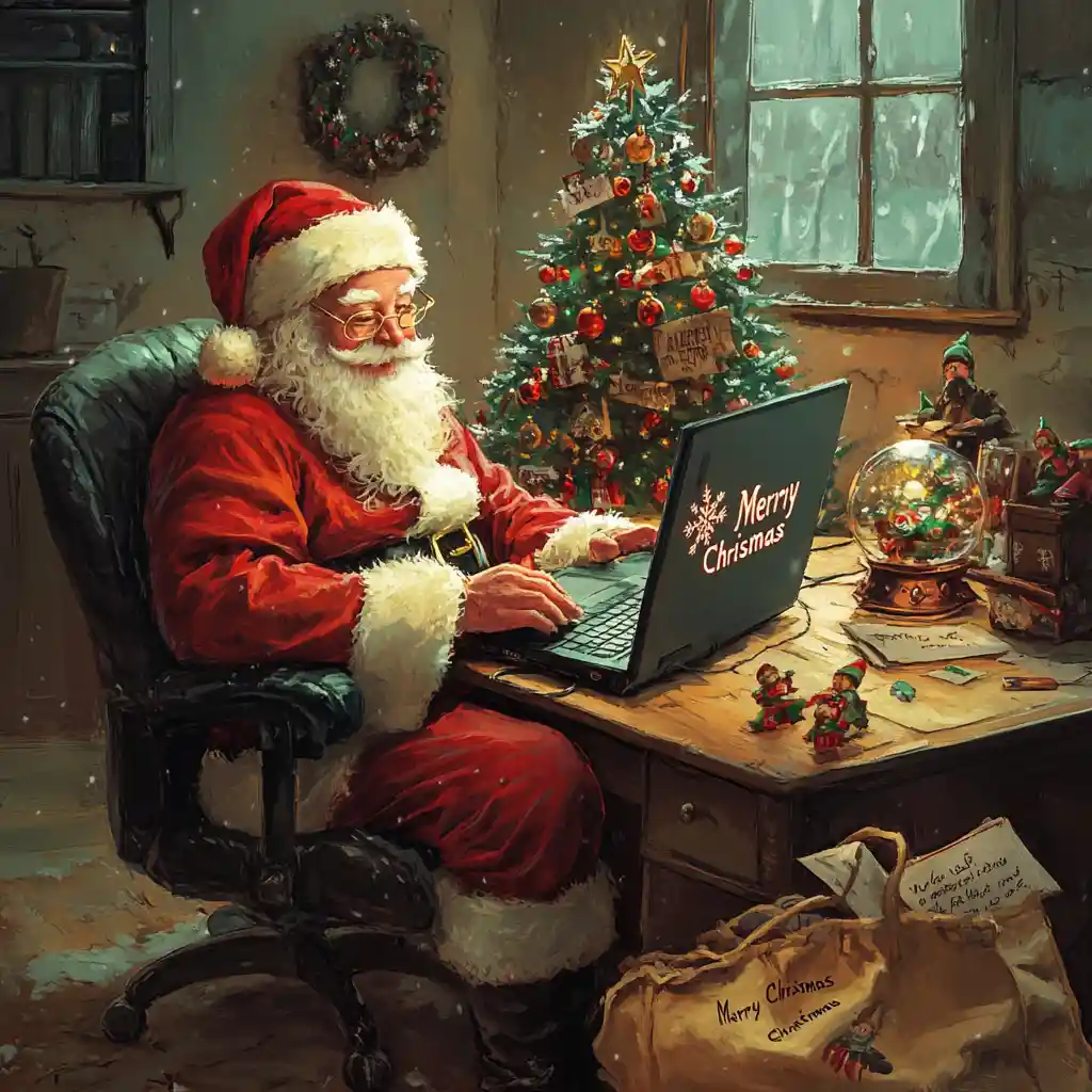 Santa Claus Working At Laptop In Cozy Christmas Study