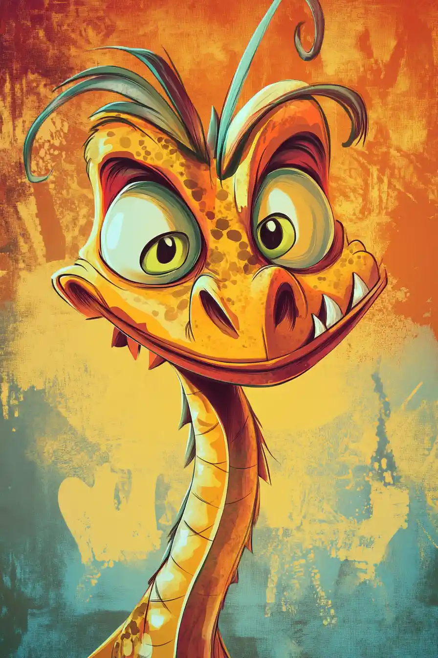 Playful cartoon dragon caricature with bold expressive features