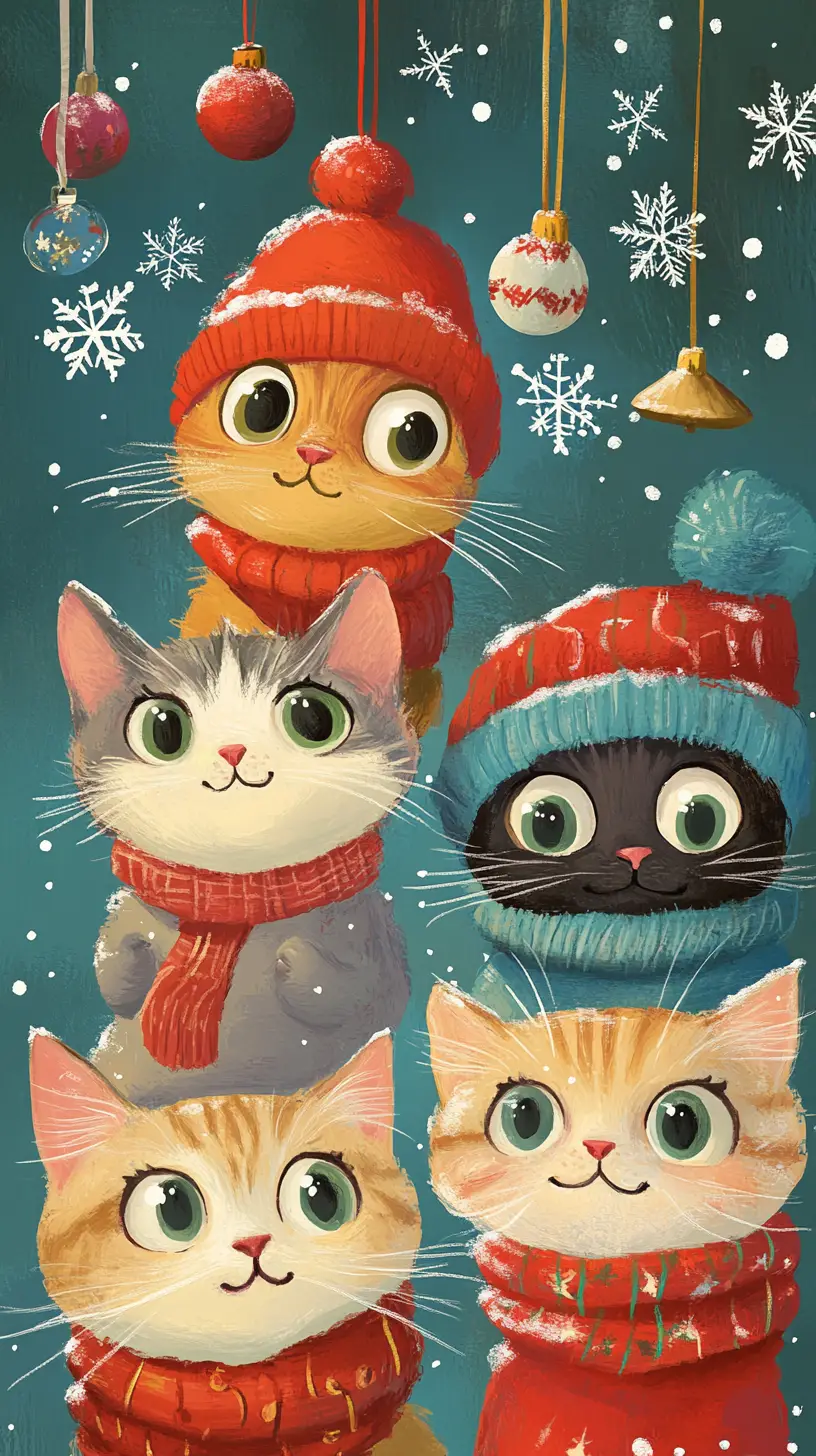 Colorful cats in winter hats with Christmas decorations