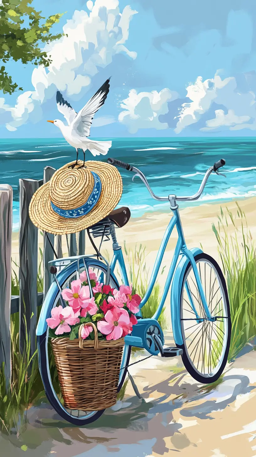 Blue bicycle at a serene summer beach with seagull