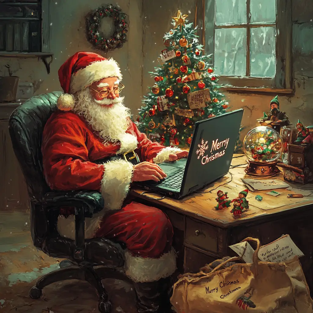 Santa Claus Working At Laptop In Cozy Christmas Study