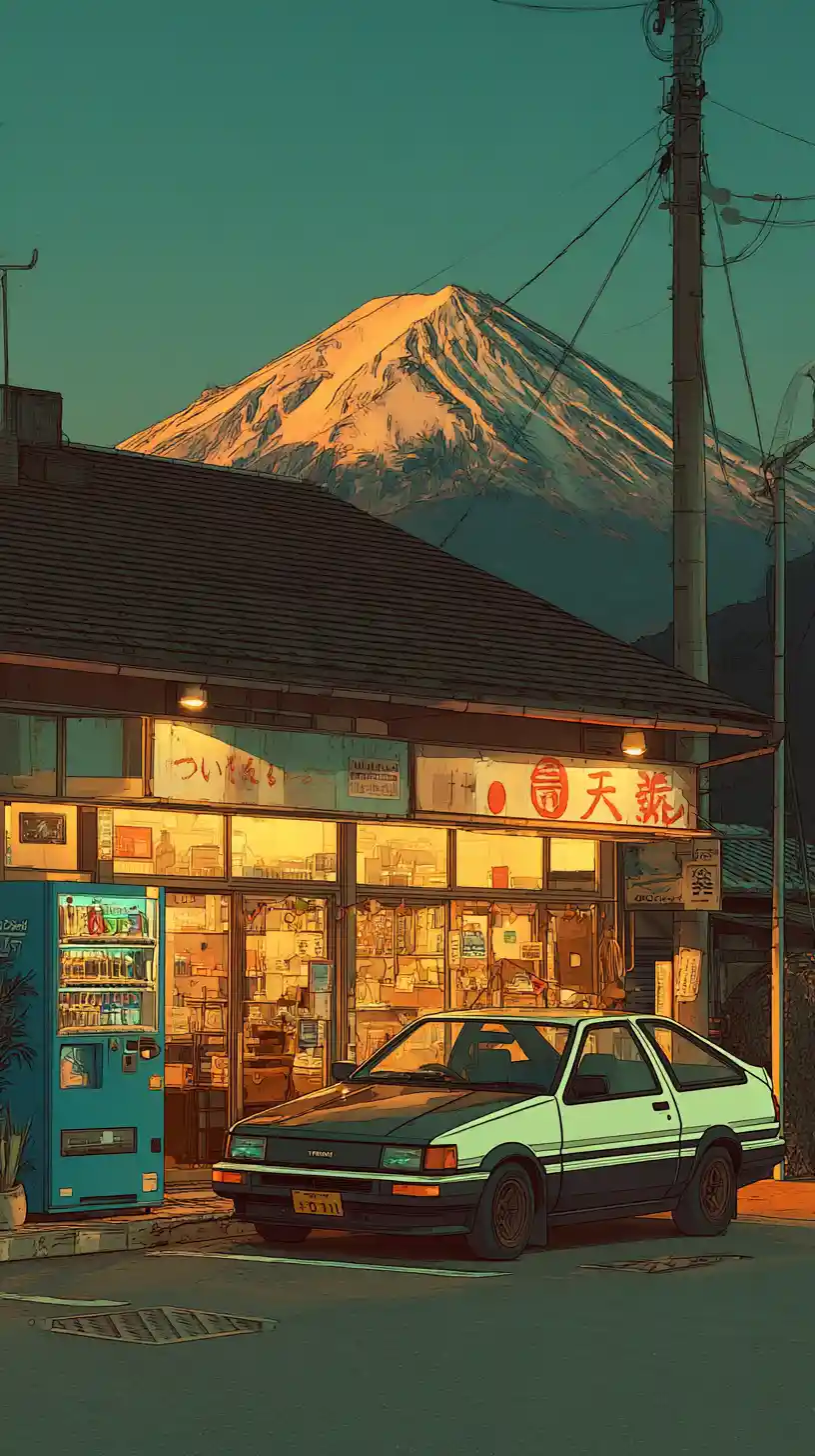 Auto anime alla tofu shop al tramonto con il lontano Monte Fuji