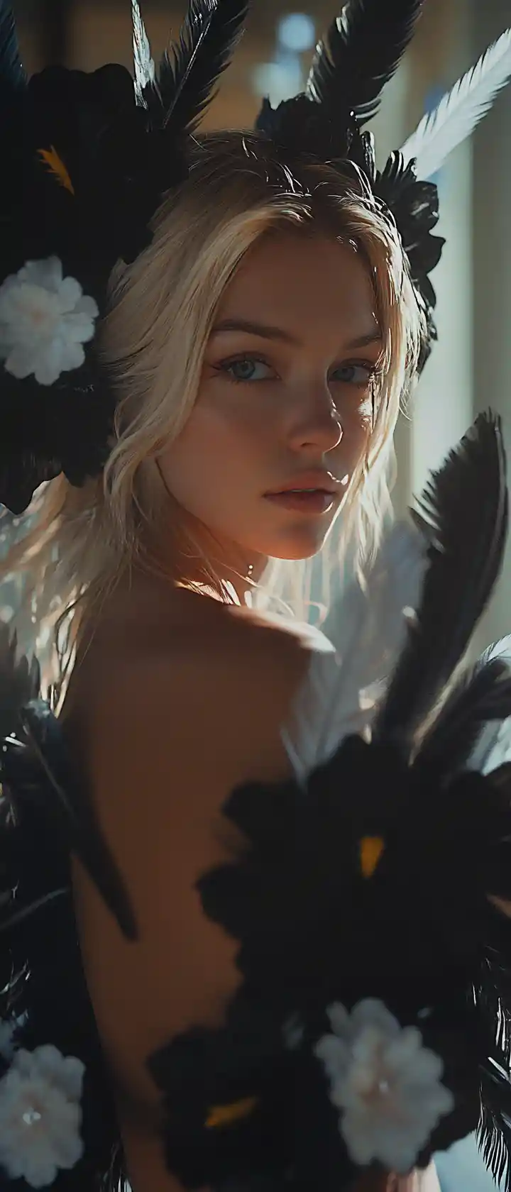 Athletic blonde woman adorned with flowers and feathers