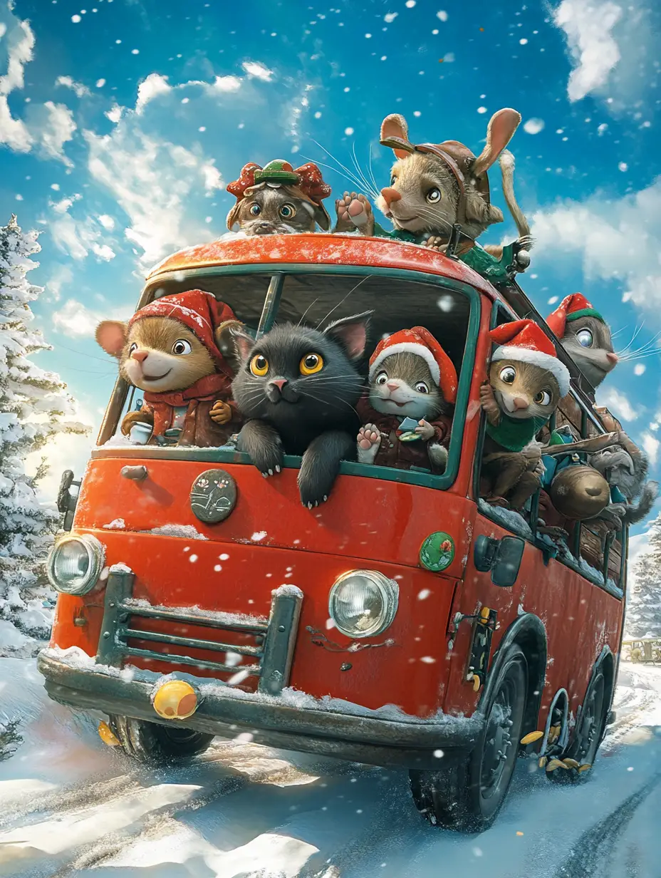 Anthropomorphic animal friends exploring a snowy christmas landscape