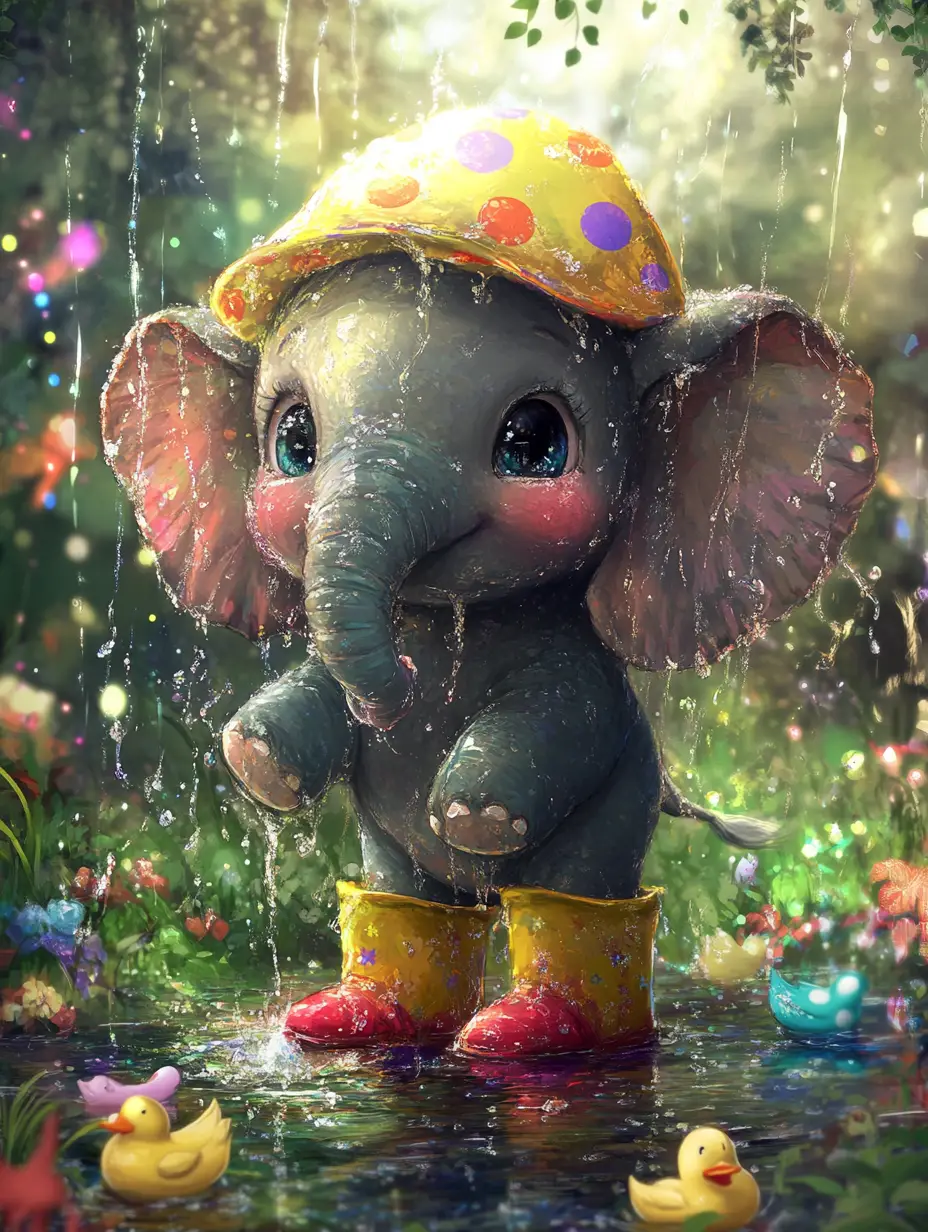 Cute chibi baby elephant playing in garden puddles