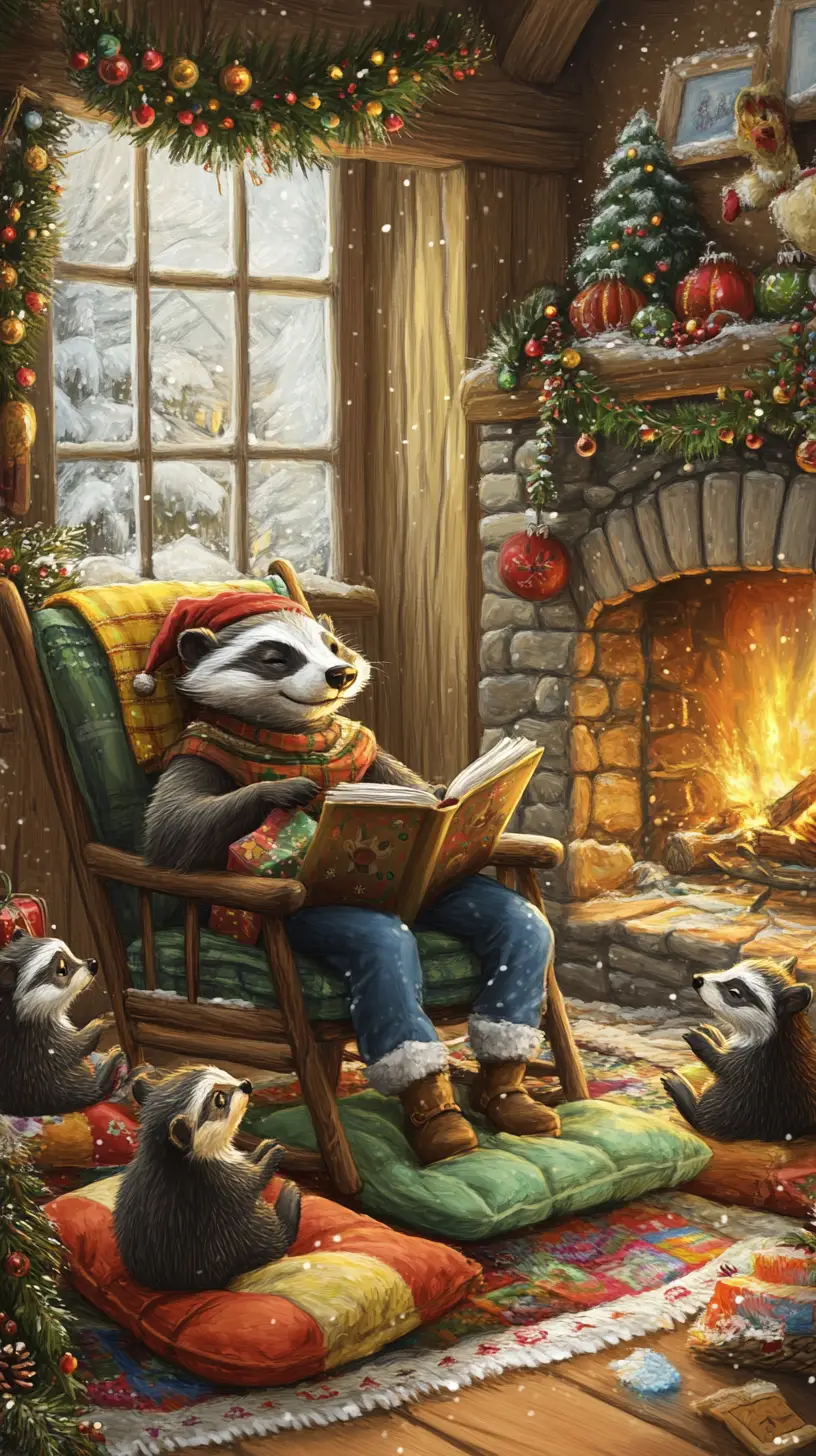 Cozy Christmas badger family reading by the fireplace