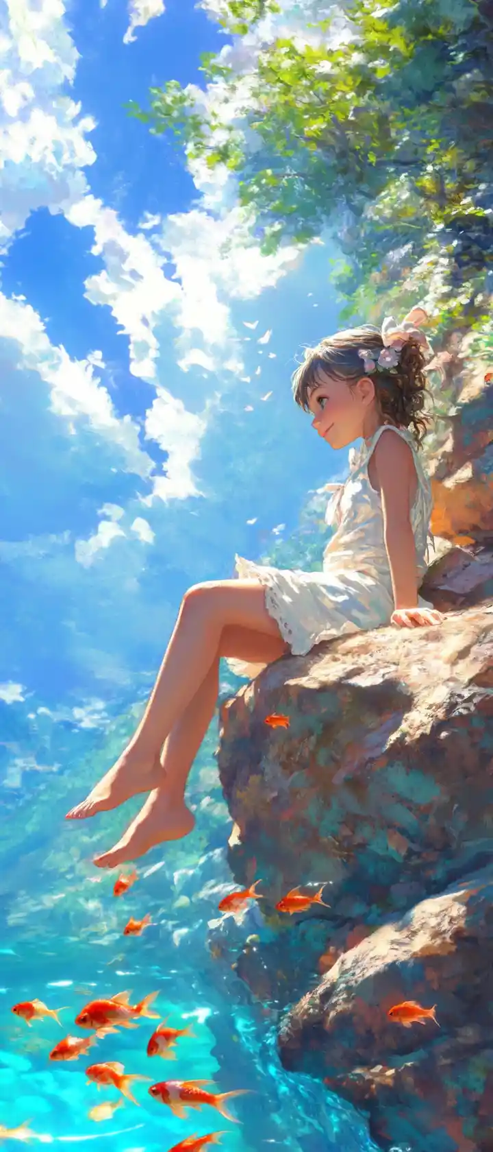 Smiling girl by turquoise water with playful goldfish