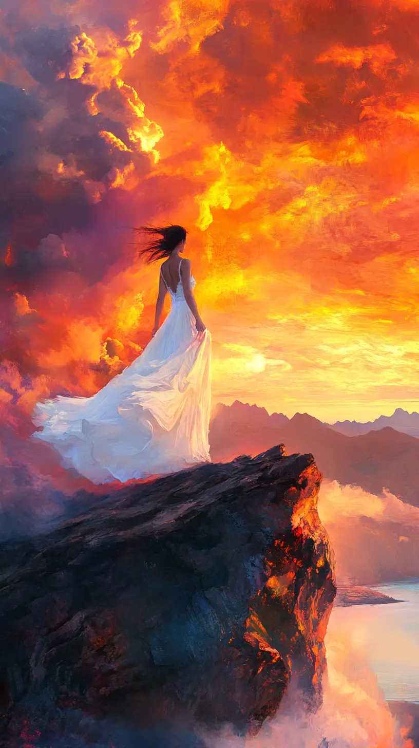 Frau im weißen Kleid auf einer Klippe bei leuchtendem Sonnenuntergang