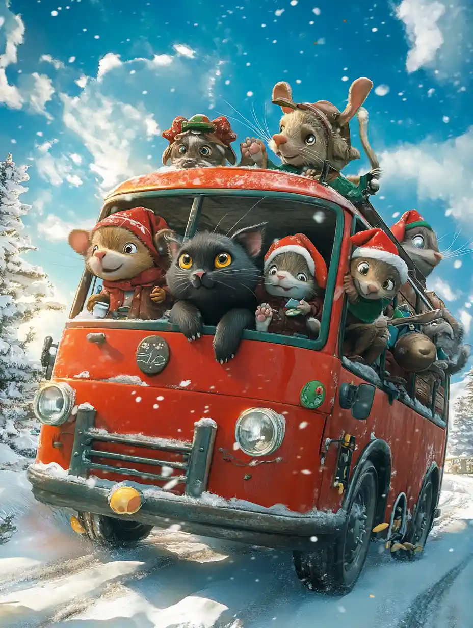 Anthropomorphic animal friends exploring a snowy christmas landscape