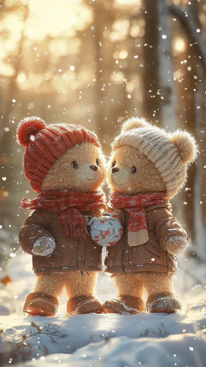 Two cozy teddy bears in winter clothes in snowy forest