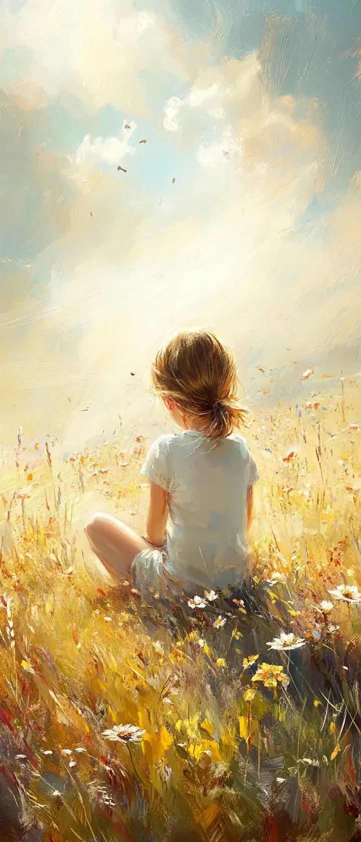 Child Sitting Alone In A Sunlit Field Of Quiet Loss