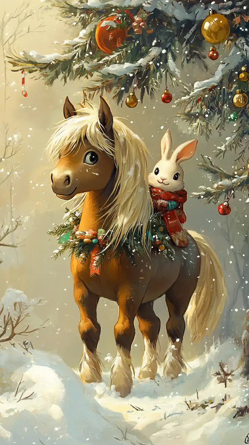 Brown pony and rabbit playing in a snowy winter forest