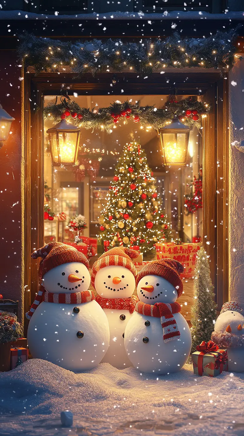 Snowman Family On Cozy Christmas Street With Storefront