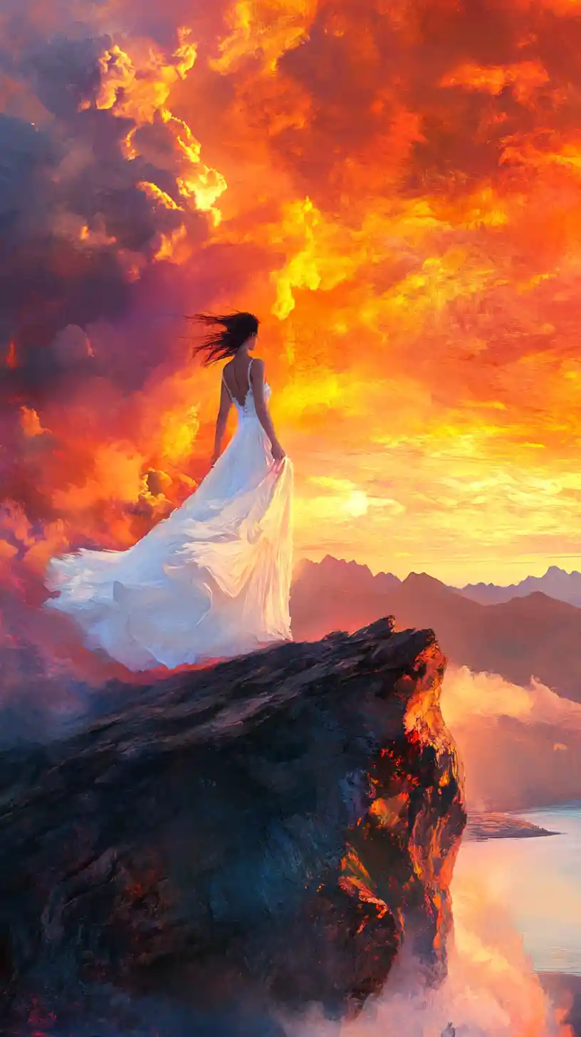 Frau im weißen Kleid auf einer Klippe bei leuchtendem Sonnenuntergang