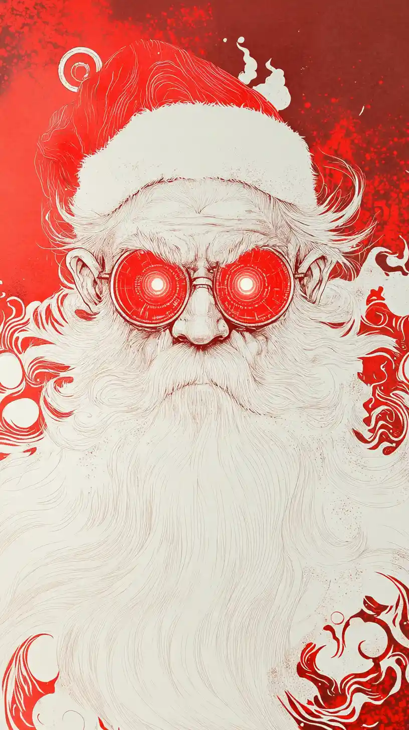 Mythical Santa Claus in surreal neon engraved portrait