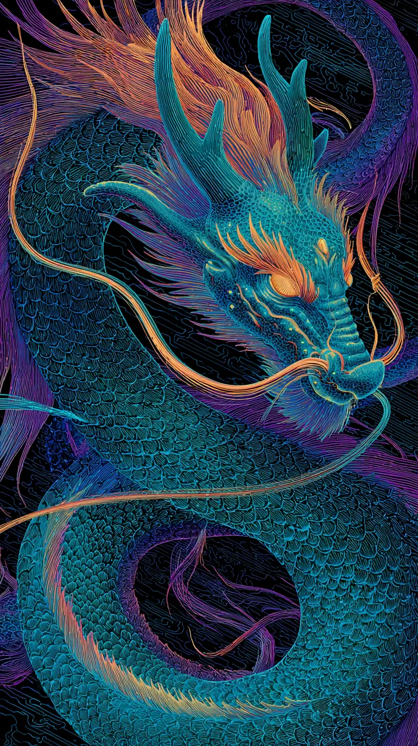 Iridescent cosmic dragon swirling through a dark void