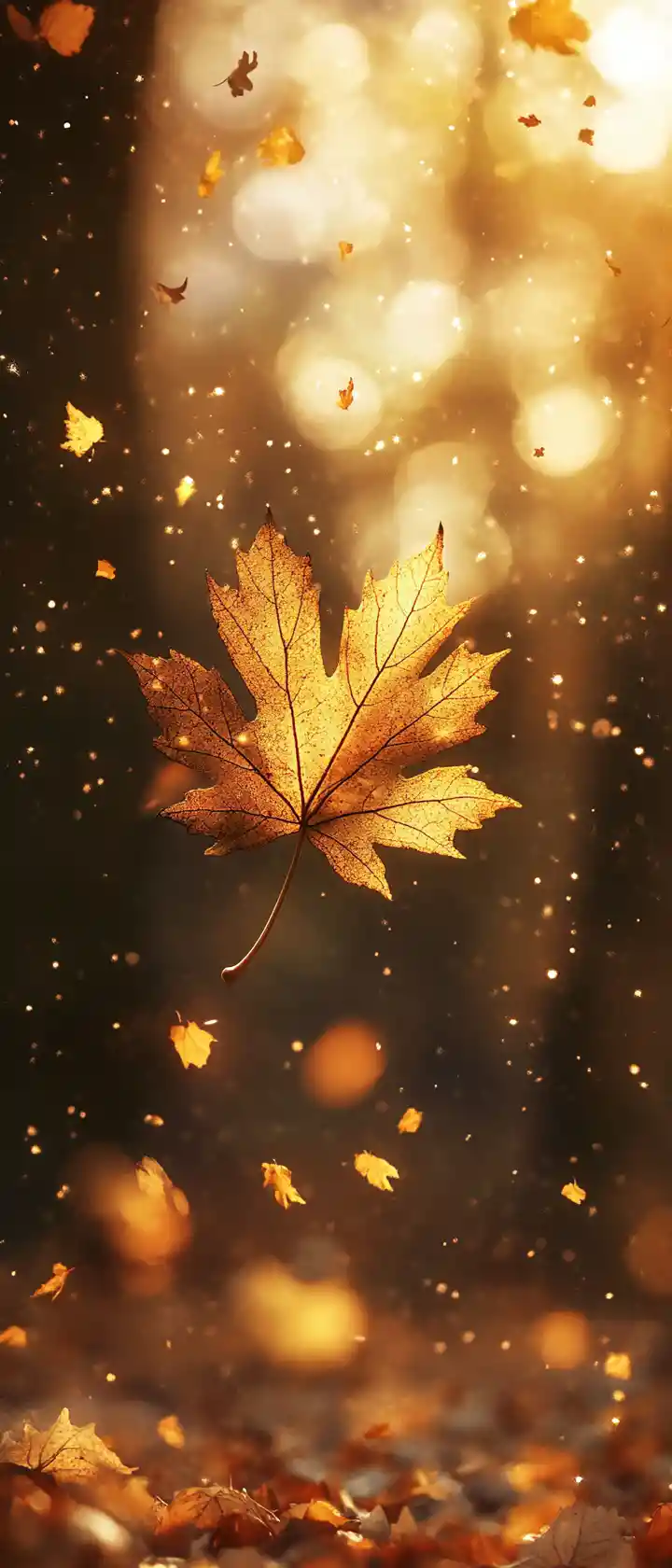 Golden maple leaf floating in a dreamy autumn forest