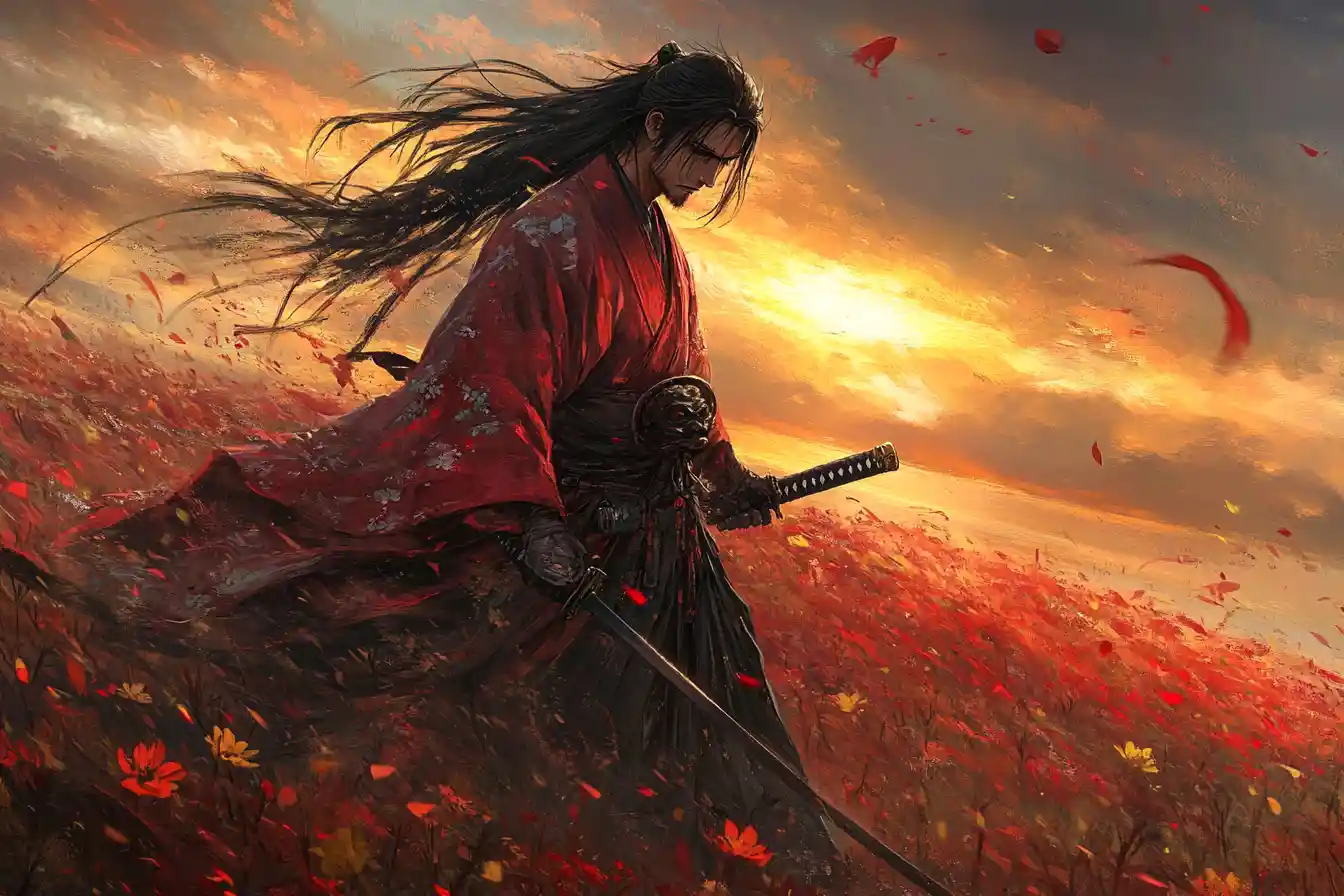 Warrior man in red kimono drawing sword at sunset