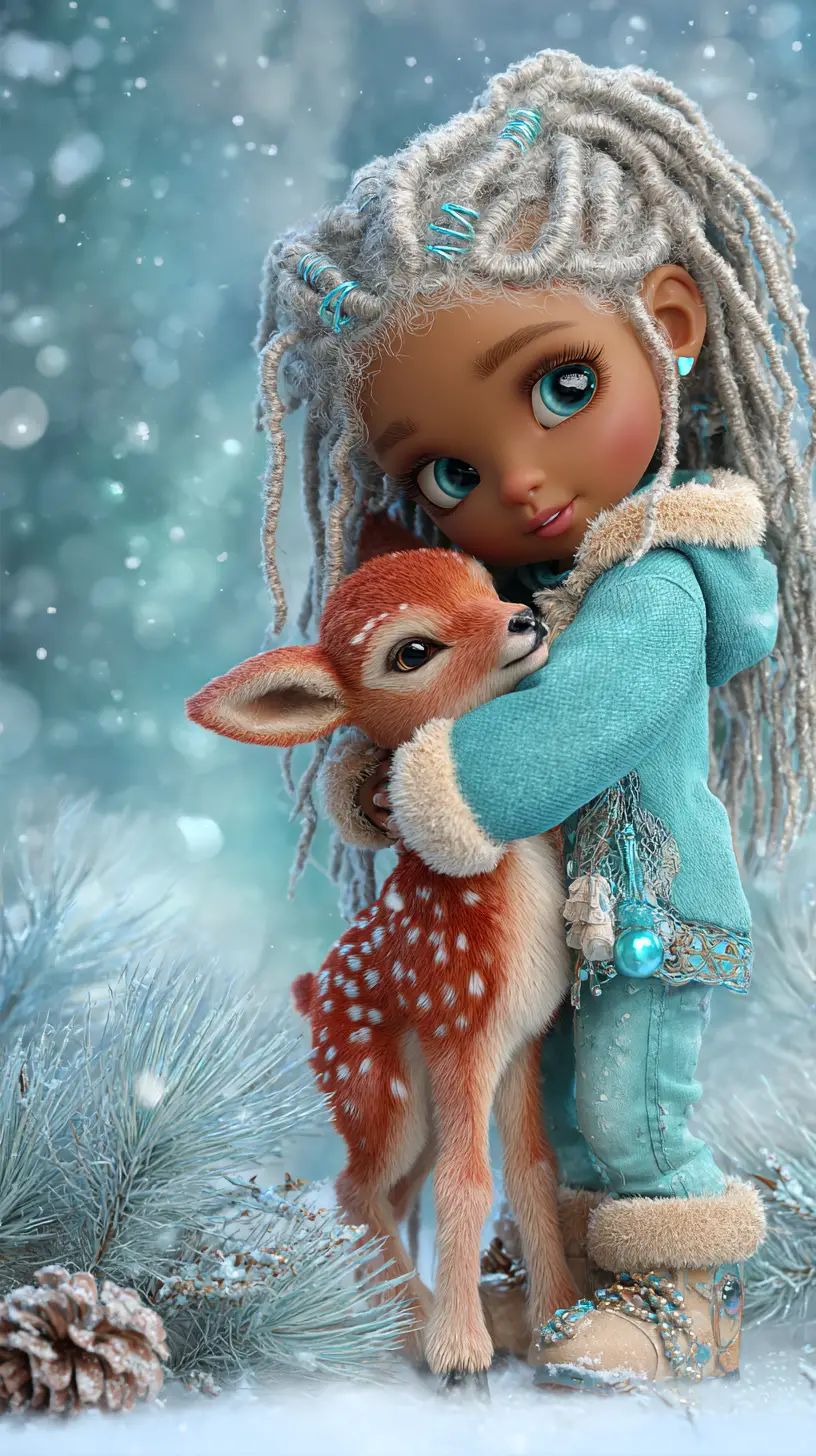 Little girl holding a fawn in a snowy landscape