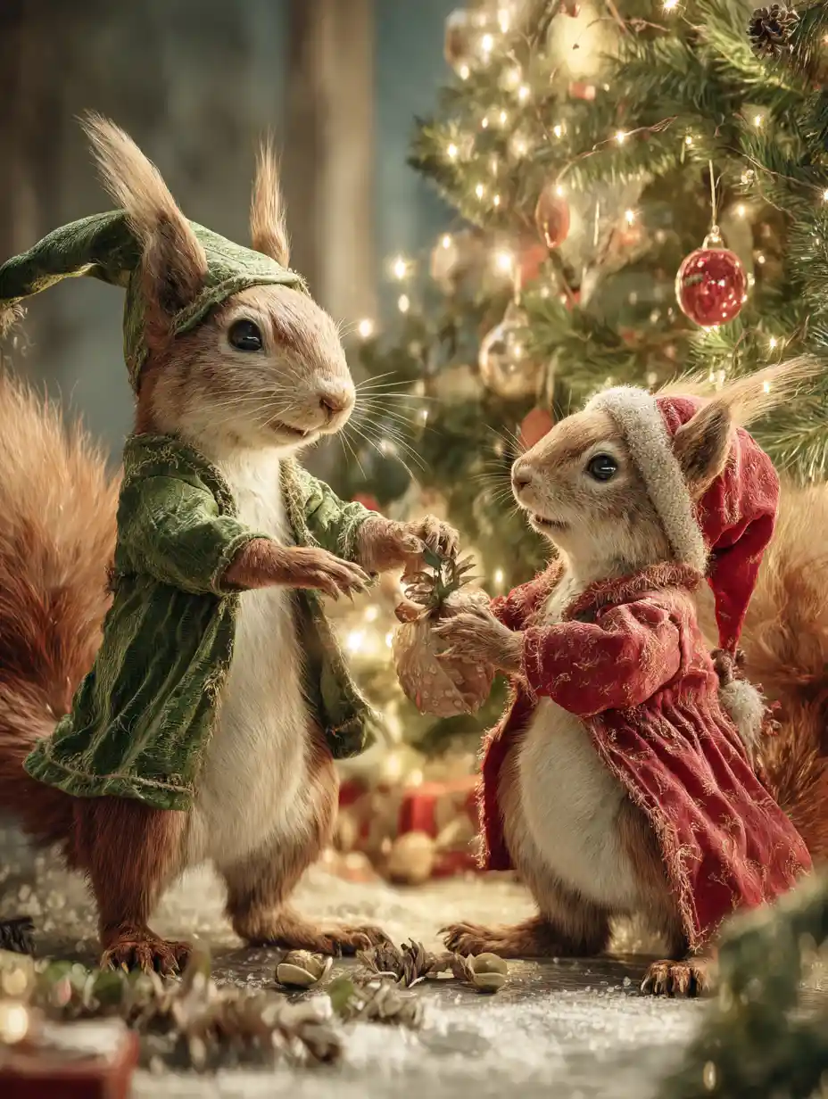 Festive Squirrel Couple Decorating A Cozy Christmas Tree