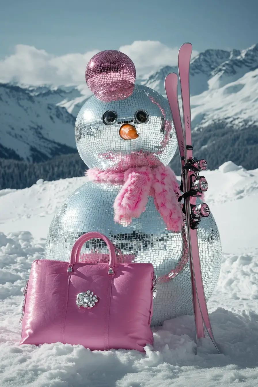 Mirrorball snowman with pink handbag in alpine landscape