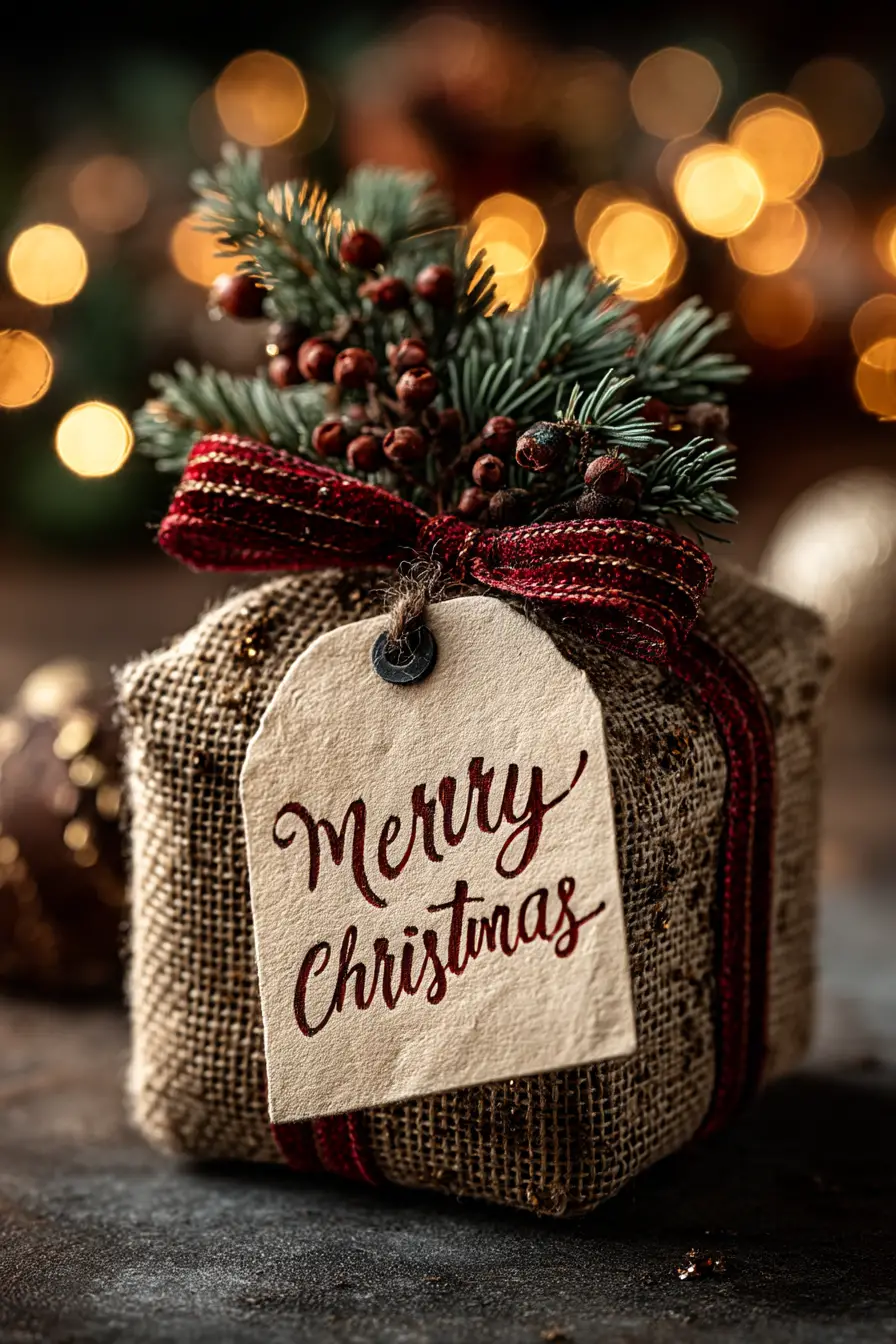 Rustic Christmas gift box with poinsettias and lights
